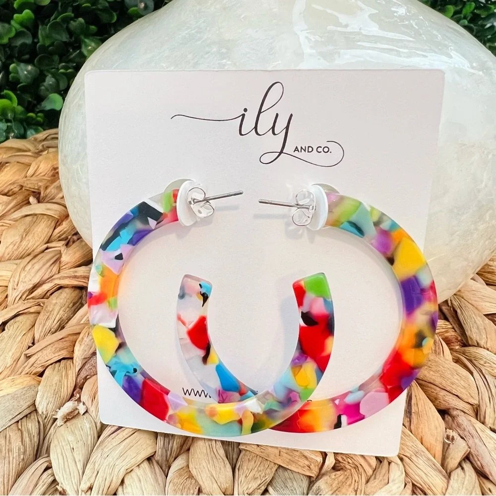 New Boho Multicolor Acetate Hoop Earrings | Lightweight | NWT | Open Hoops